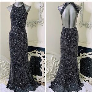 Scala 77335 Sequined High Halter Backless Gown